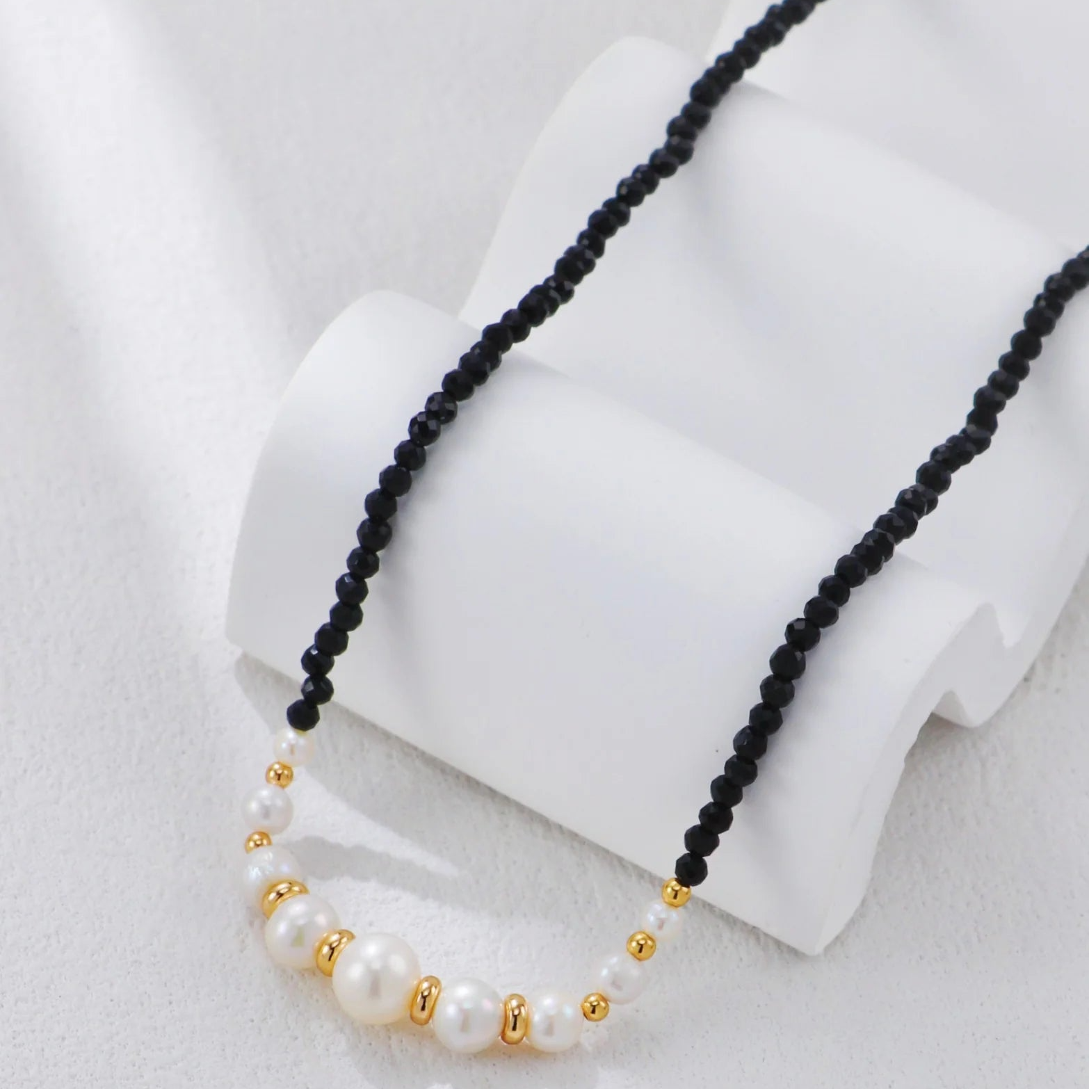 Gold Bead Black Spinel Pearl Necklace