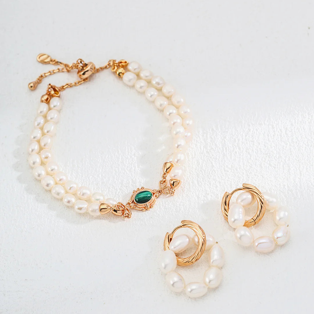 Minimalist Natural Pearl and Malachite Bracelet