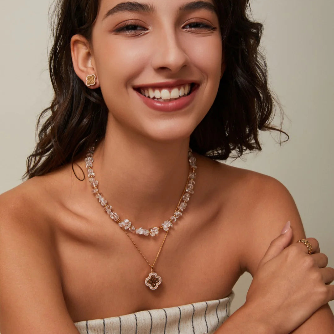 Gold Beads and White Crystal Necklace