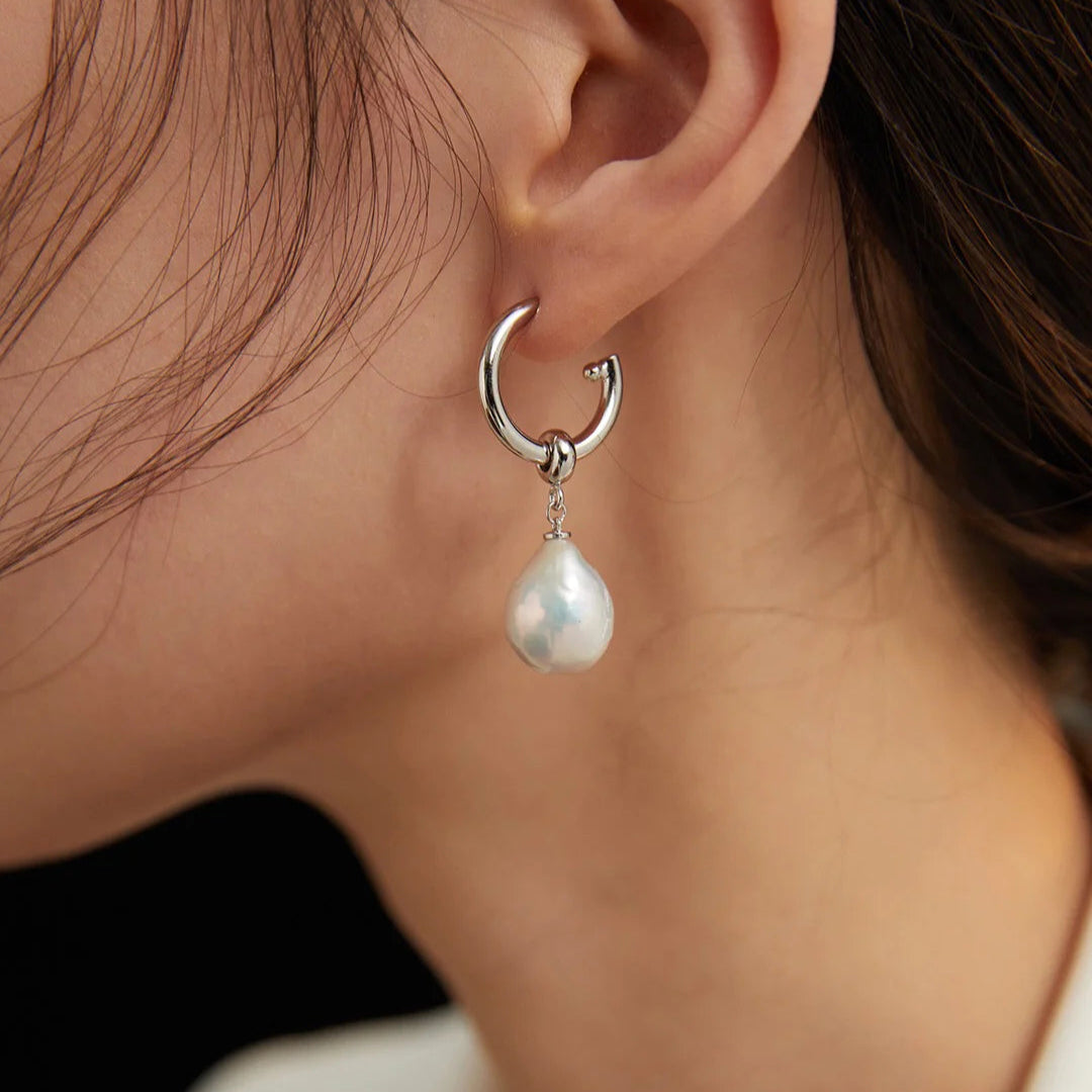 Large Pearl Drop Hoop Earrings
