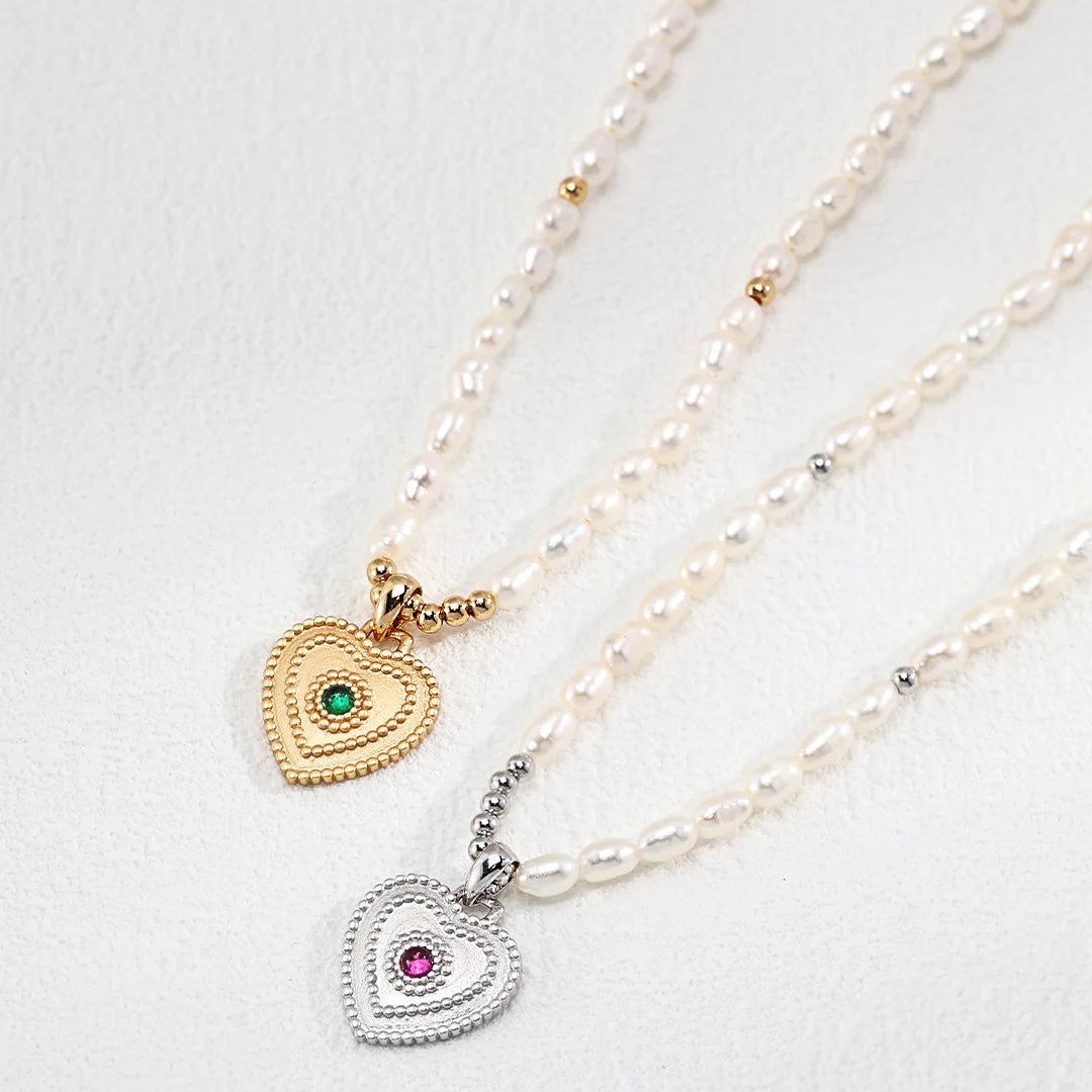 Natural Pearl Heart Shaped Zirconia Pendant Necklace