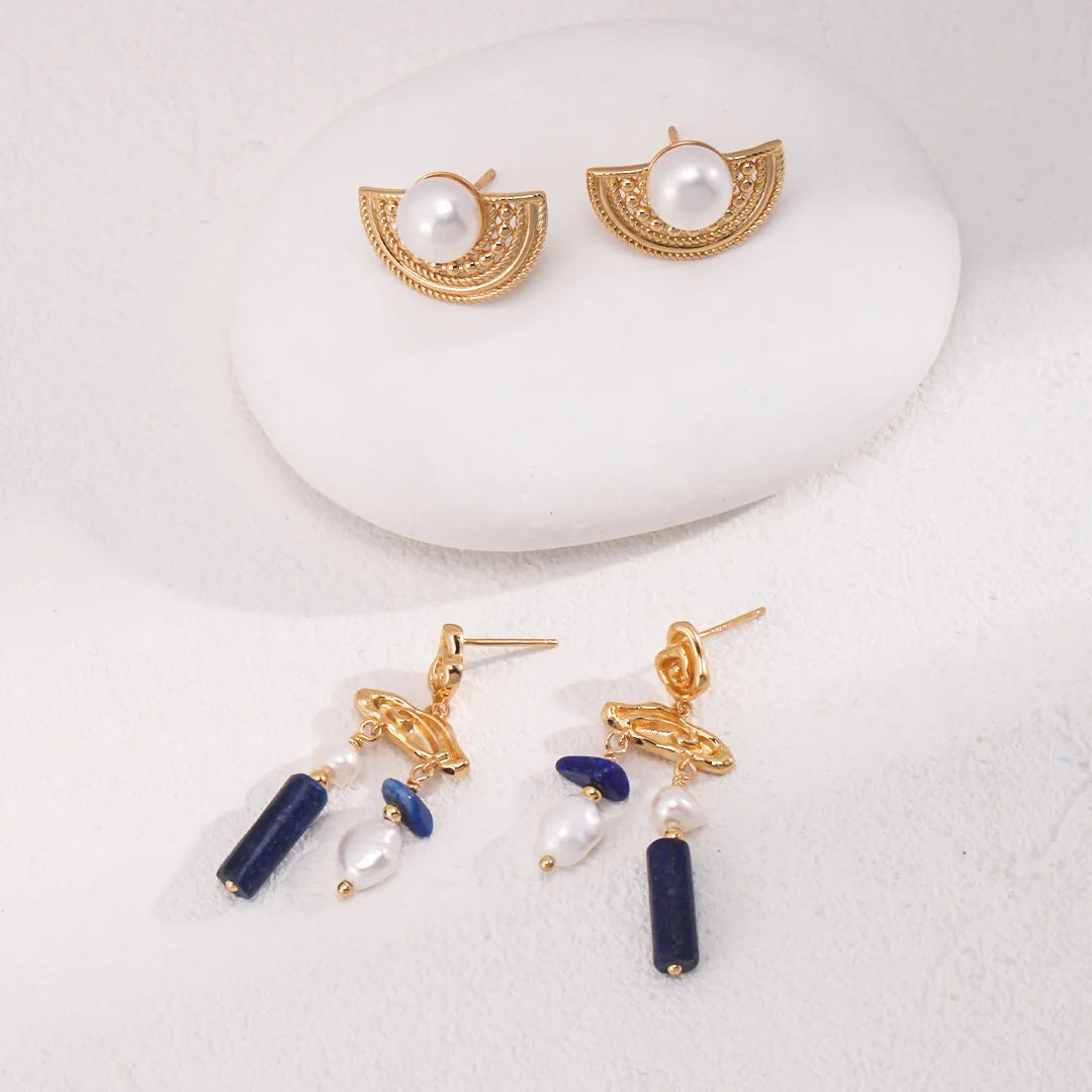 Blue Lapis Stone with Pearls Earrings
