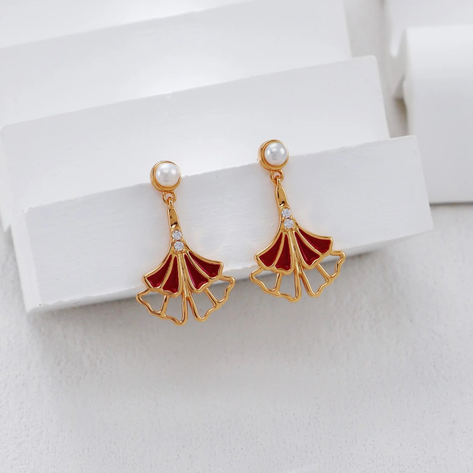 Ginkgo Leaf Red Glaze Drop Earrings