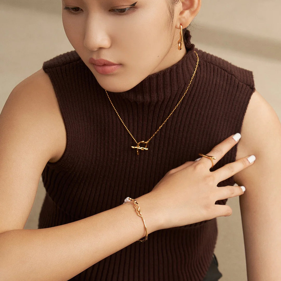 Freshwater Pearl Half Gold Bangle Bracelet