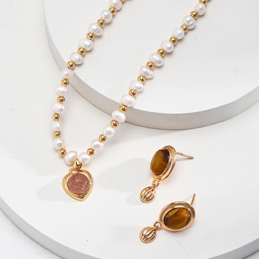 Minimalist Oval Tiger Eye Stone Pendant Earrings