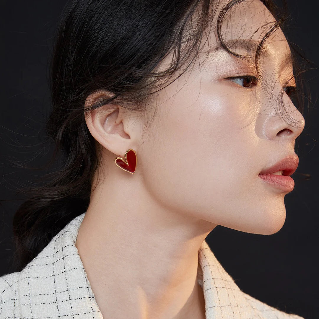 Red Drip Glaze Folded Love Heart Earrings