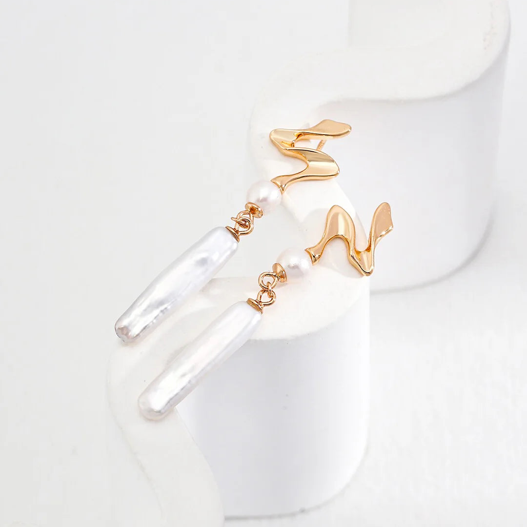 Minimalist Biwa Pearl Drop Earrings