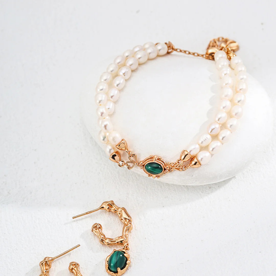 Minimalist Natural Pearl and Malachite Bracelet