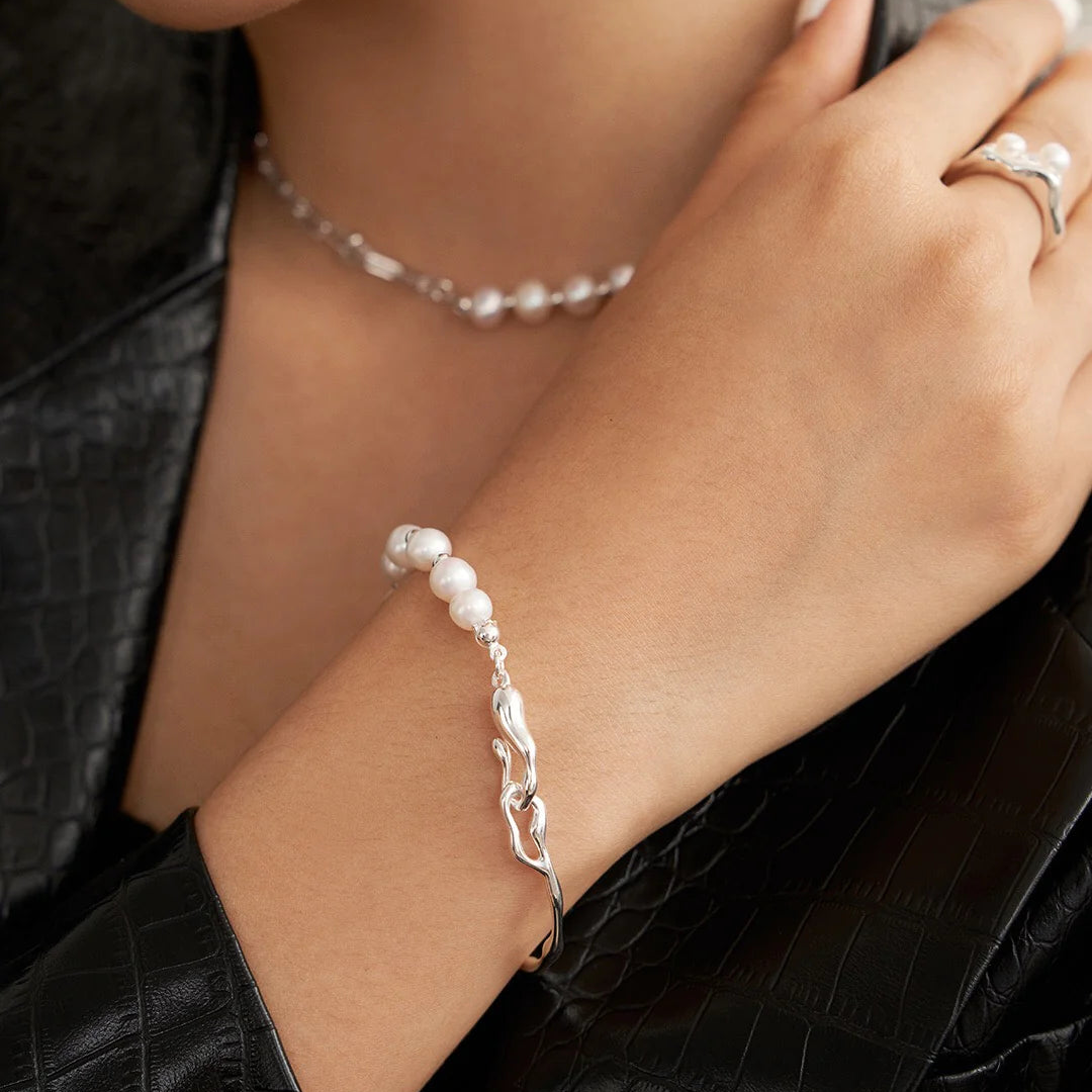 Freshwater Pearl Half Gold Bangle Bracelet