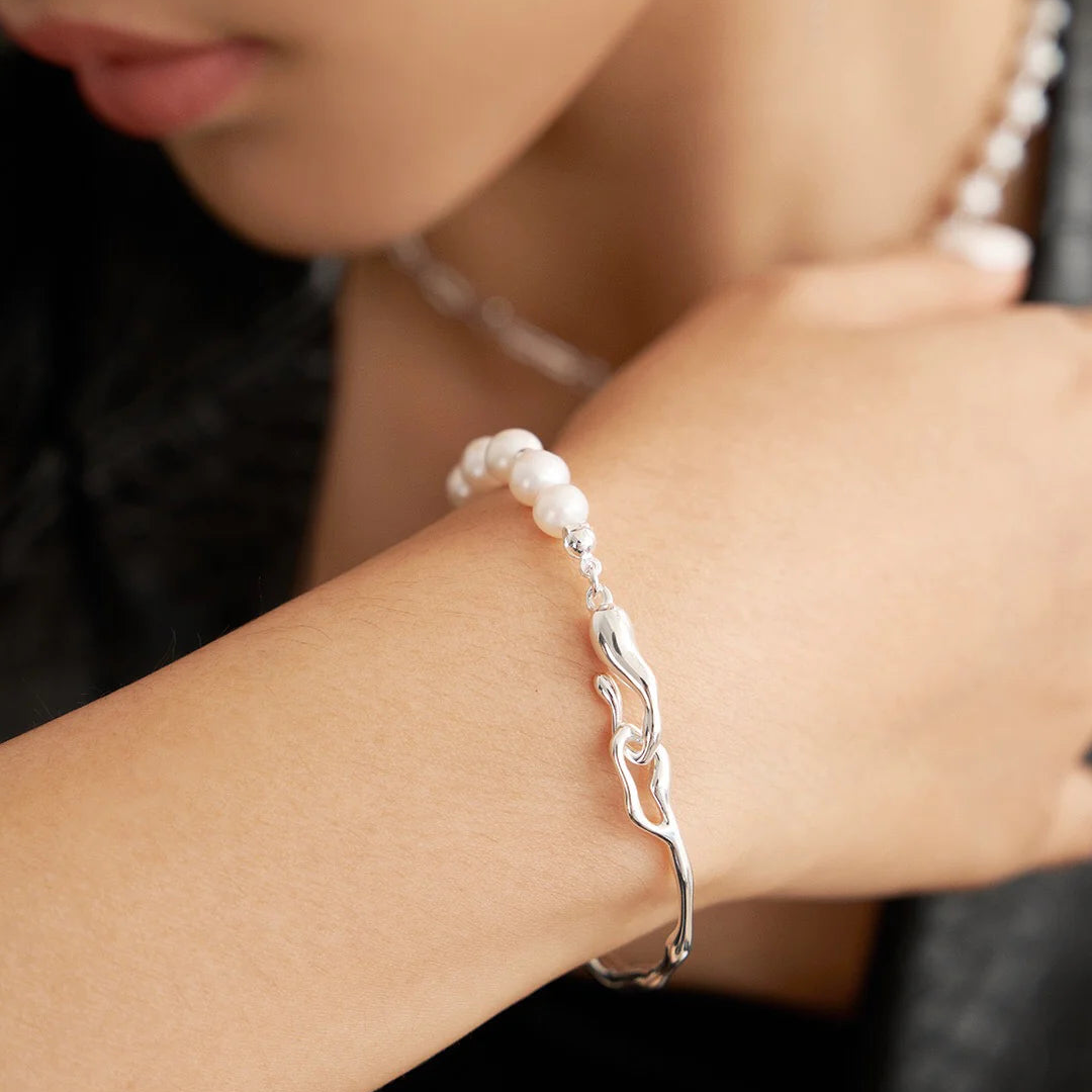 Freshwater Pearl Half Gold Bangle Bracelet