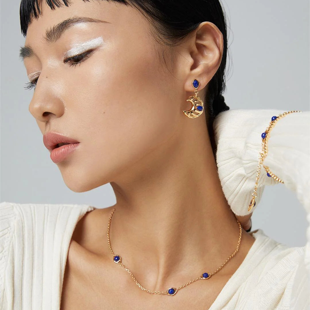 Lapis Lazuli Crescent Moon Hollow Earrings