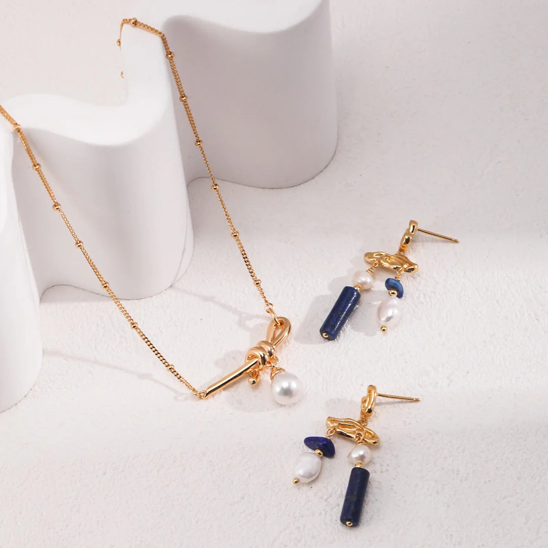 Blue Lapis Stone with Pearls Earrings