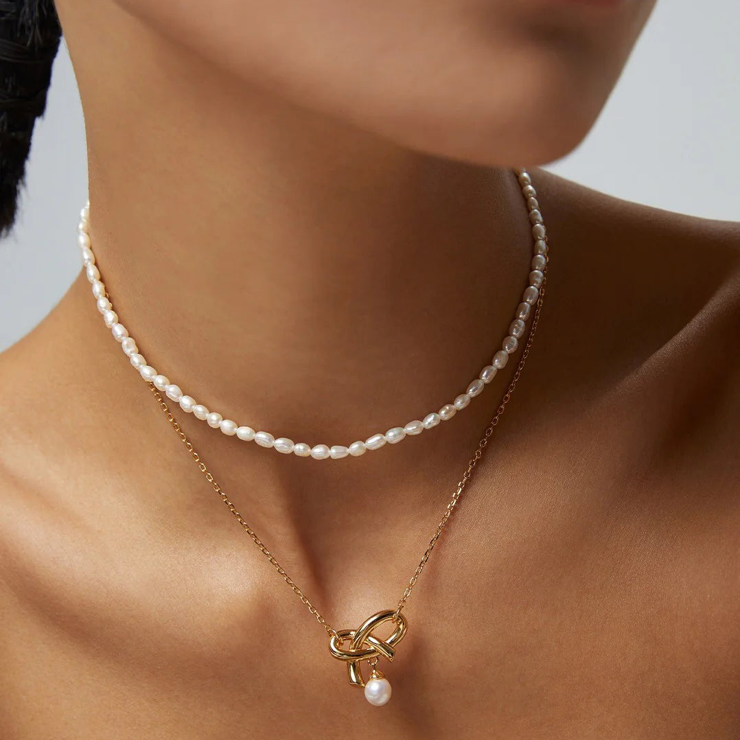 Love Bow Charm with Dainty Floating Pearl Necklace