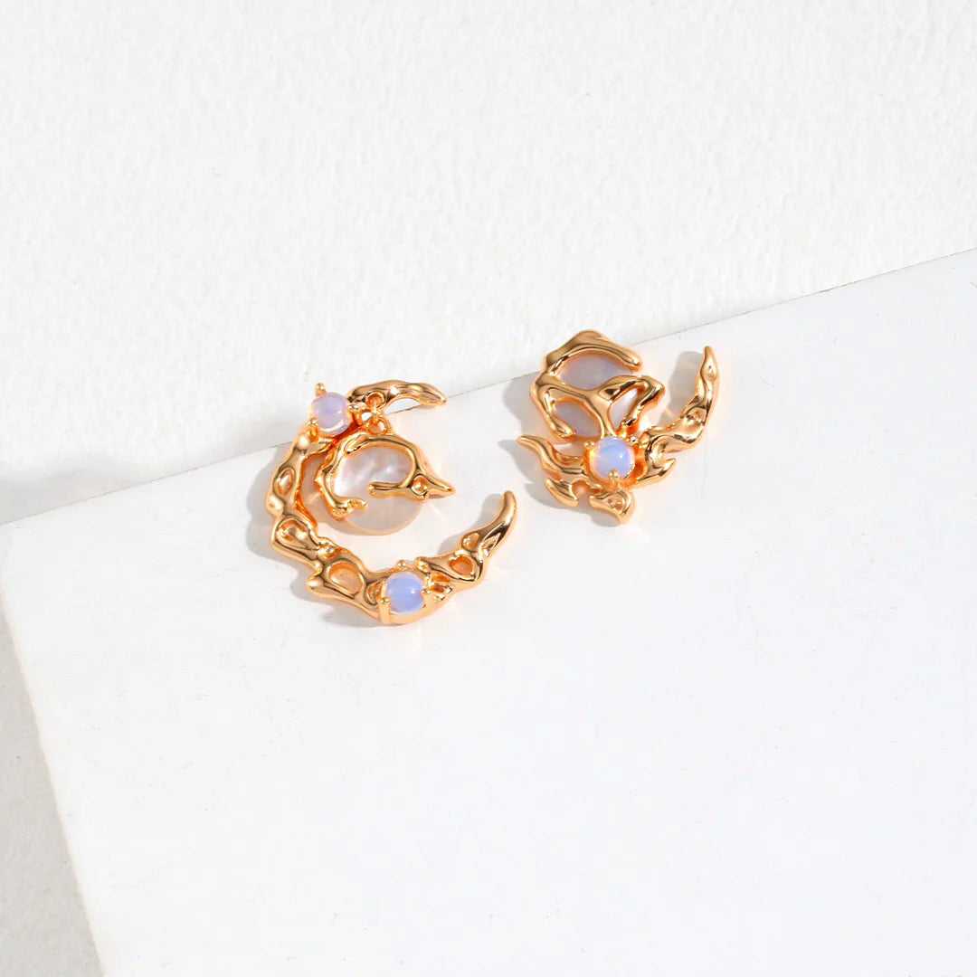Crescent Moon Style Asymmetrical Opal Stud Earrings