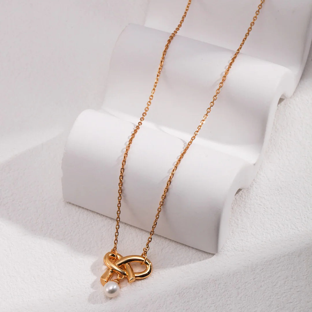 Love Bow Charm with Dainty Floating Pearl Necklace