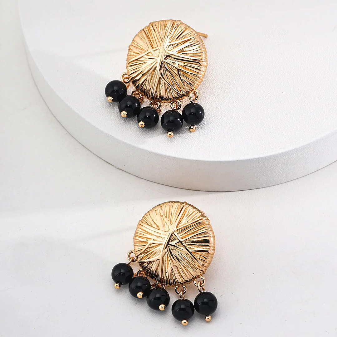 Round Black Onyx Drop Earrings