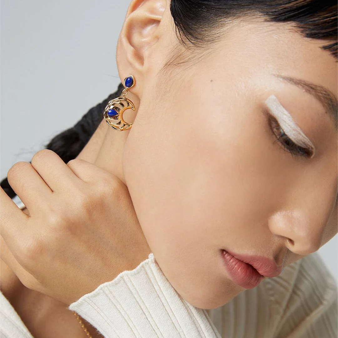 Lapis Lazuli Crescent Moon Hollow Earrings