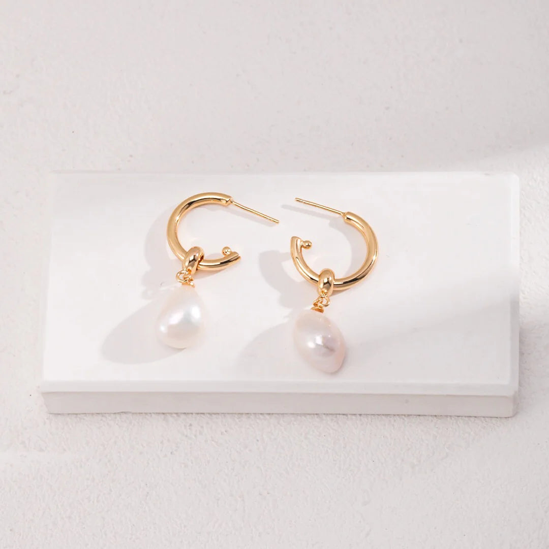 Large Pearl Drop Hoop Earrings