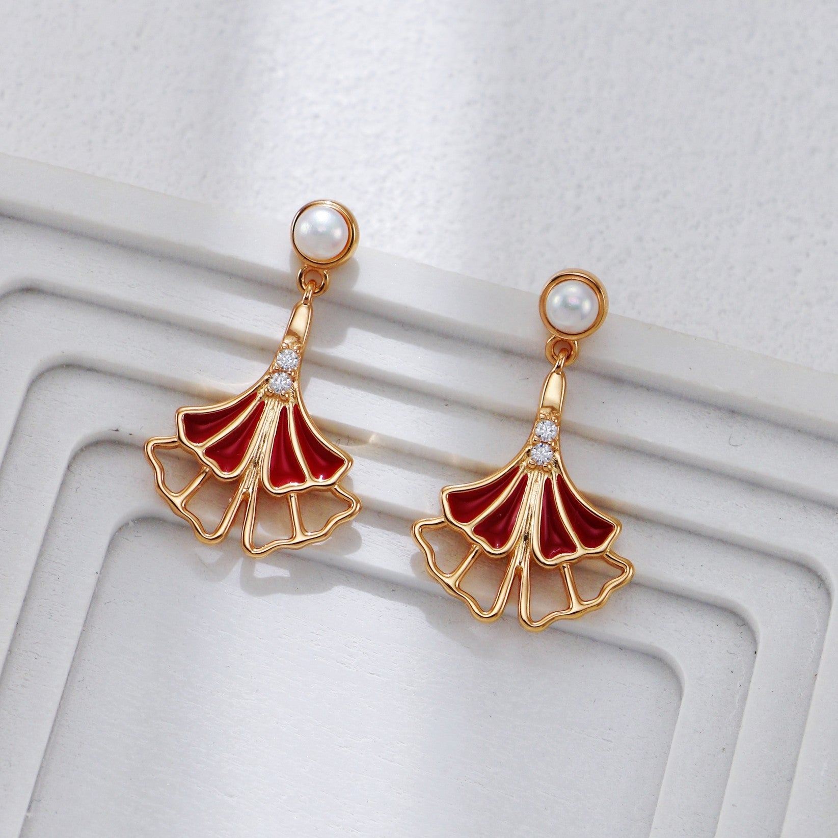 Ginkgo Leaf Red Glaze Drop Earrings