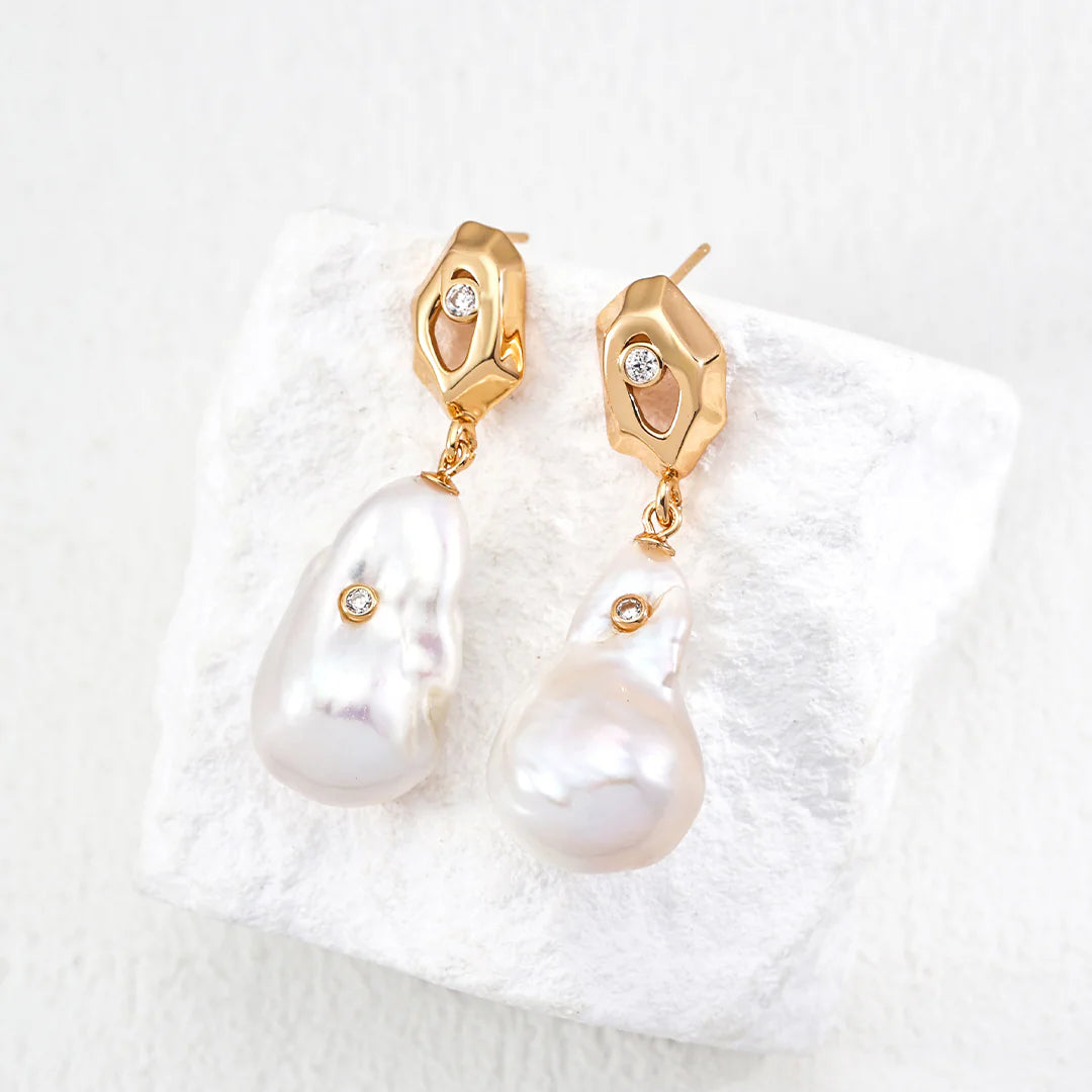Vintage Natural Baroque Pearl Zircon Earrings