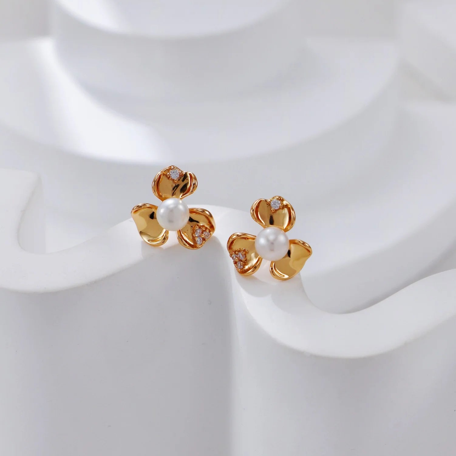 Petal Pearl and Zirconia Earrings
