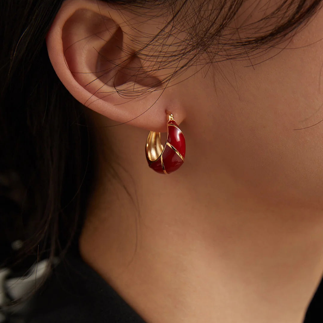Festive Red Glazed Hoops Earrings