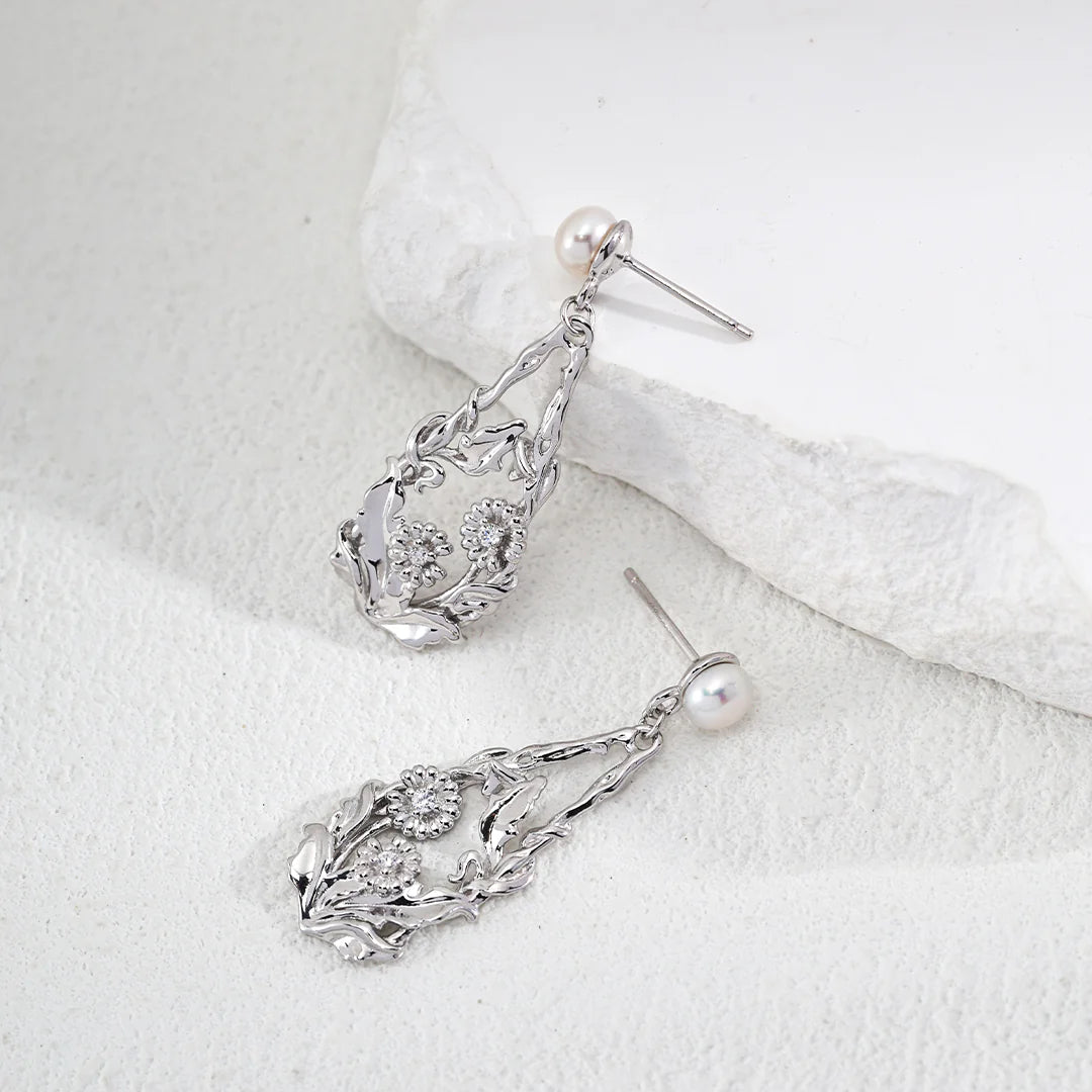 Flower-Shaped Natural Pearl and Zircon Earrings