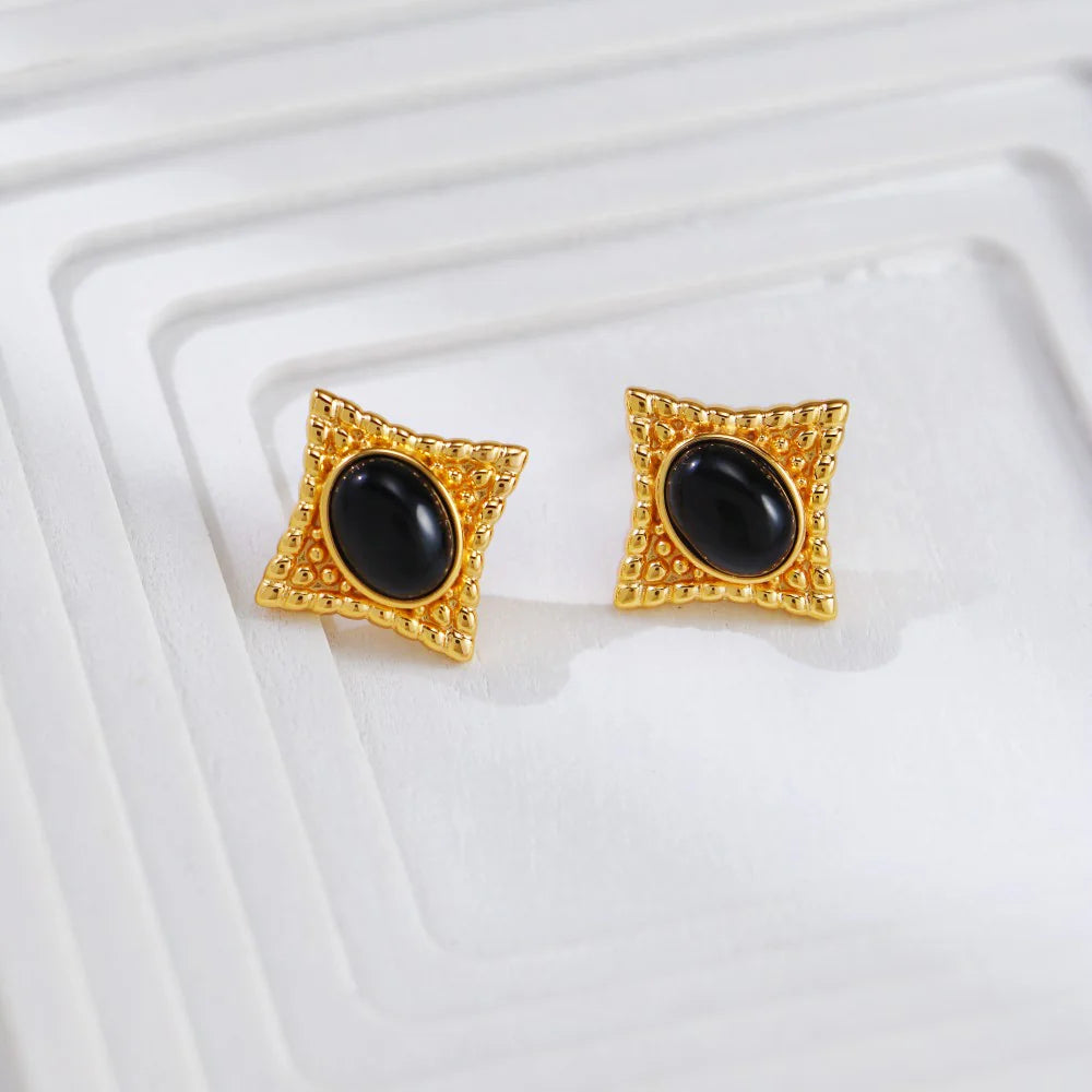 Vintage Gold Black Agate Stud Earrings