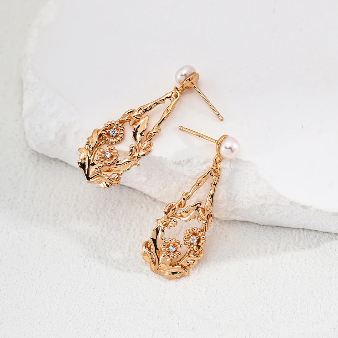 Flower-Shaped Natural Pearl and Zircon Earrings