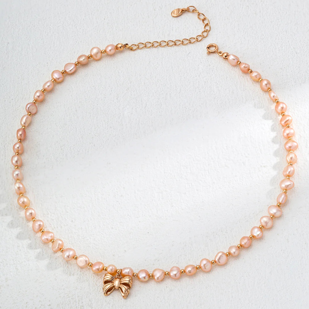 Champagne Gold Pearl Bow Necklace