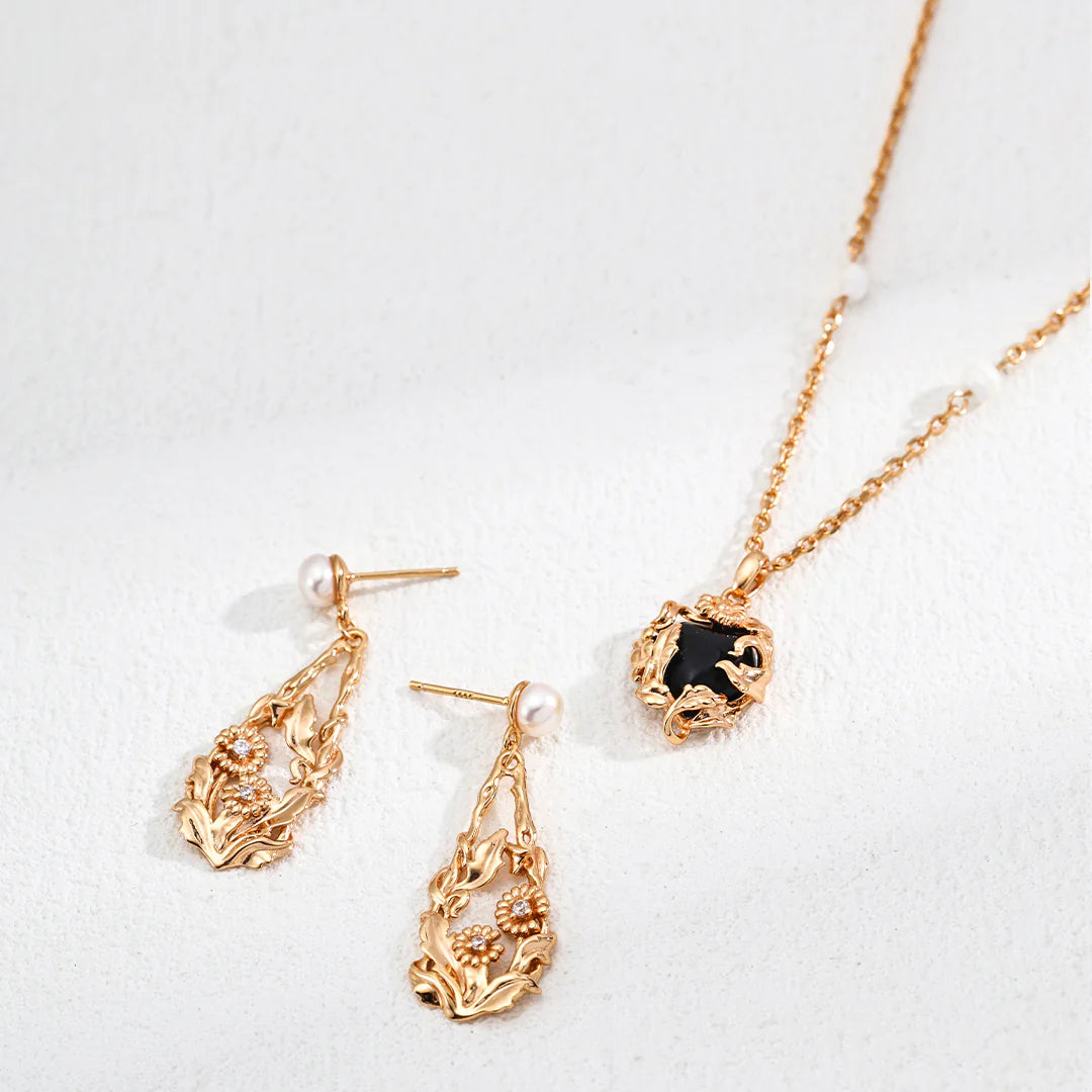 Flower-Shaped Natural Pearl and Zircon Earrings