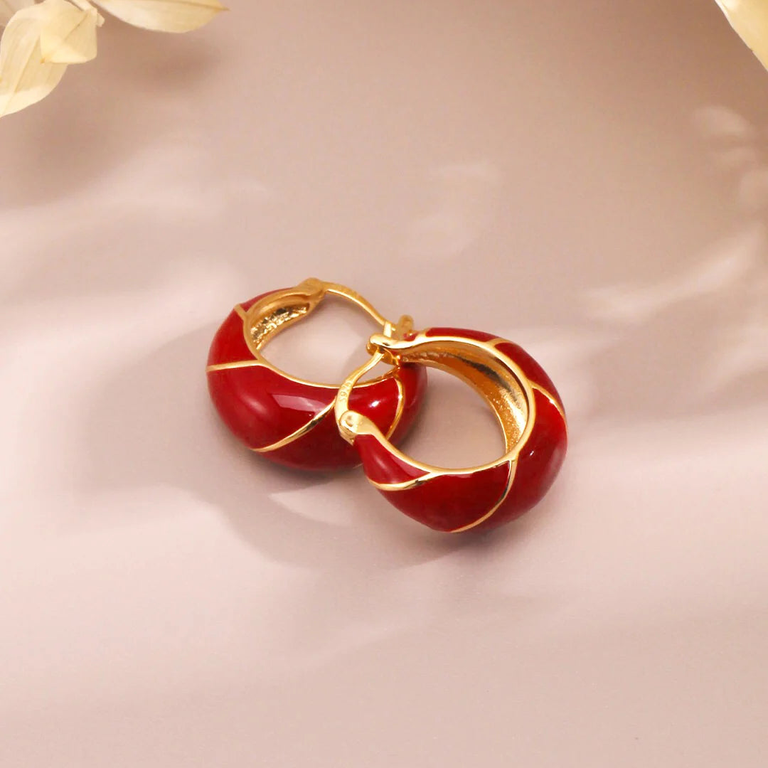 Festive Red Glazed Hoops Earrings