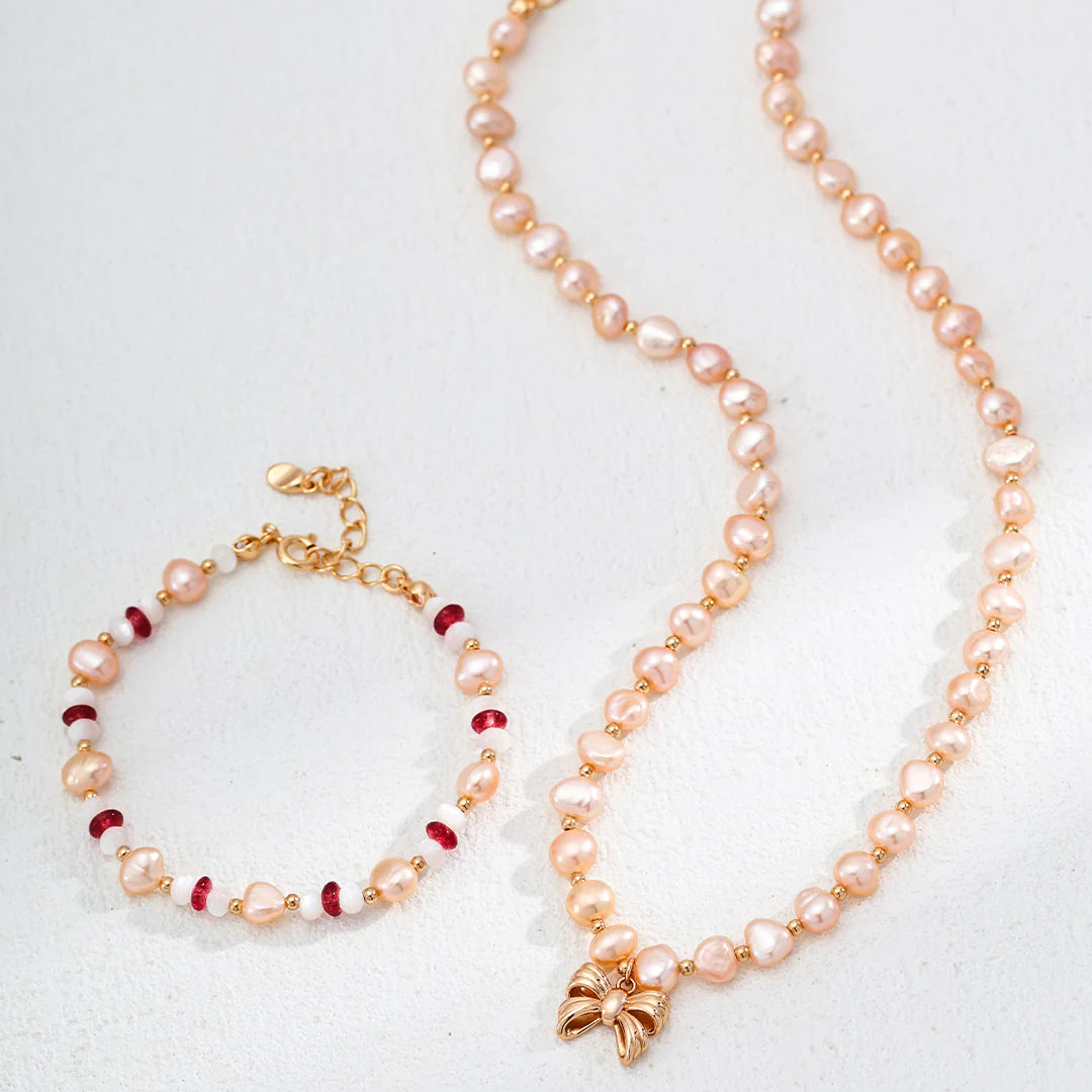 Champagne Gold Pearl Bow Necklace