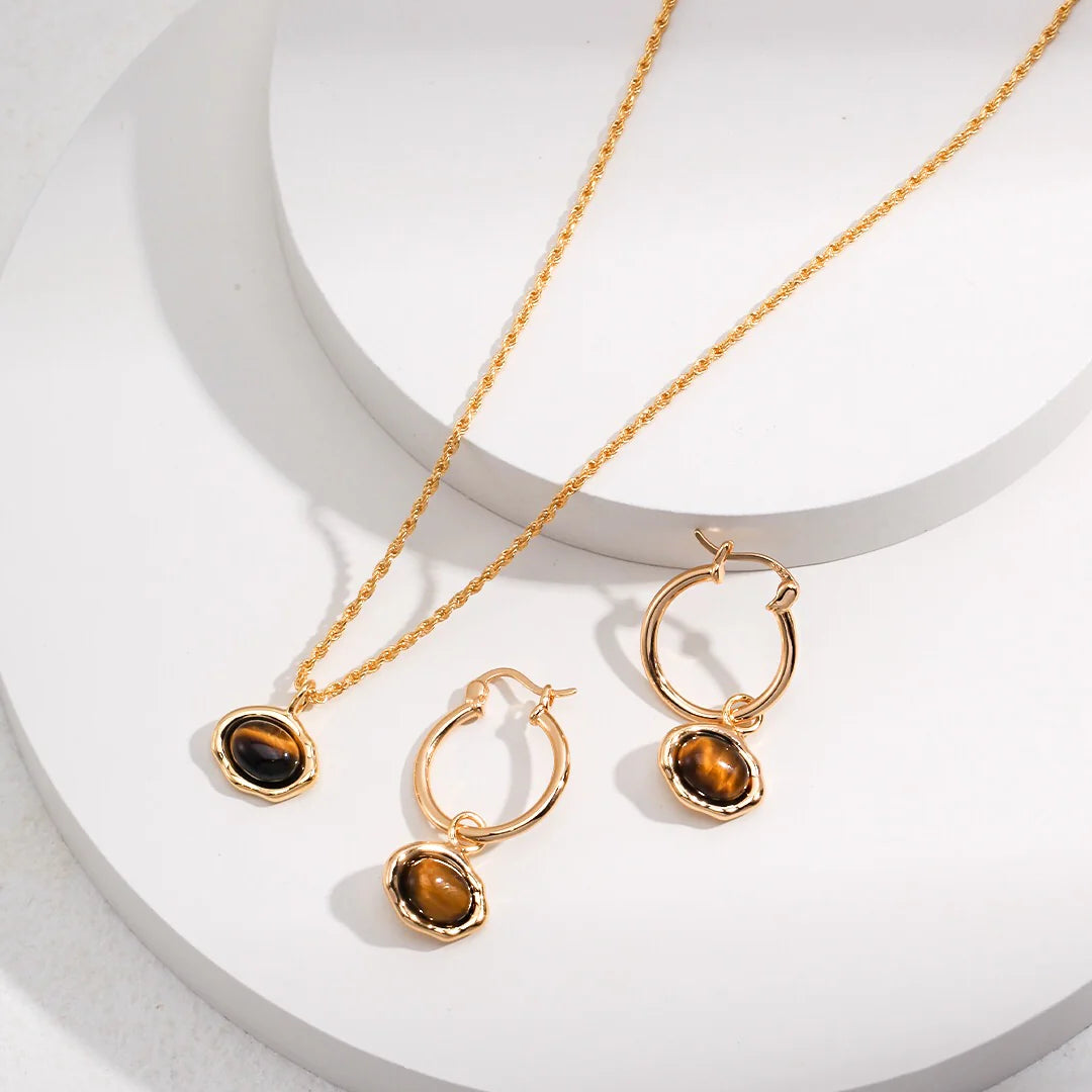 Classic Brown Tiger Eye Hoop Earrings