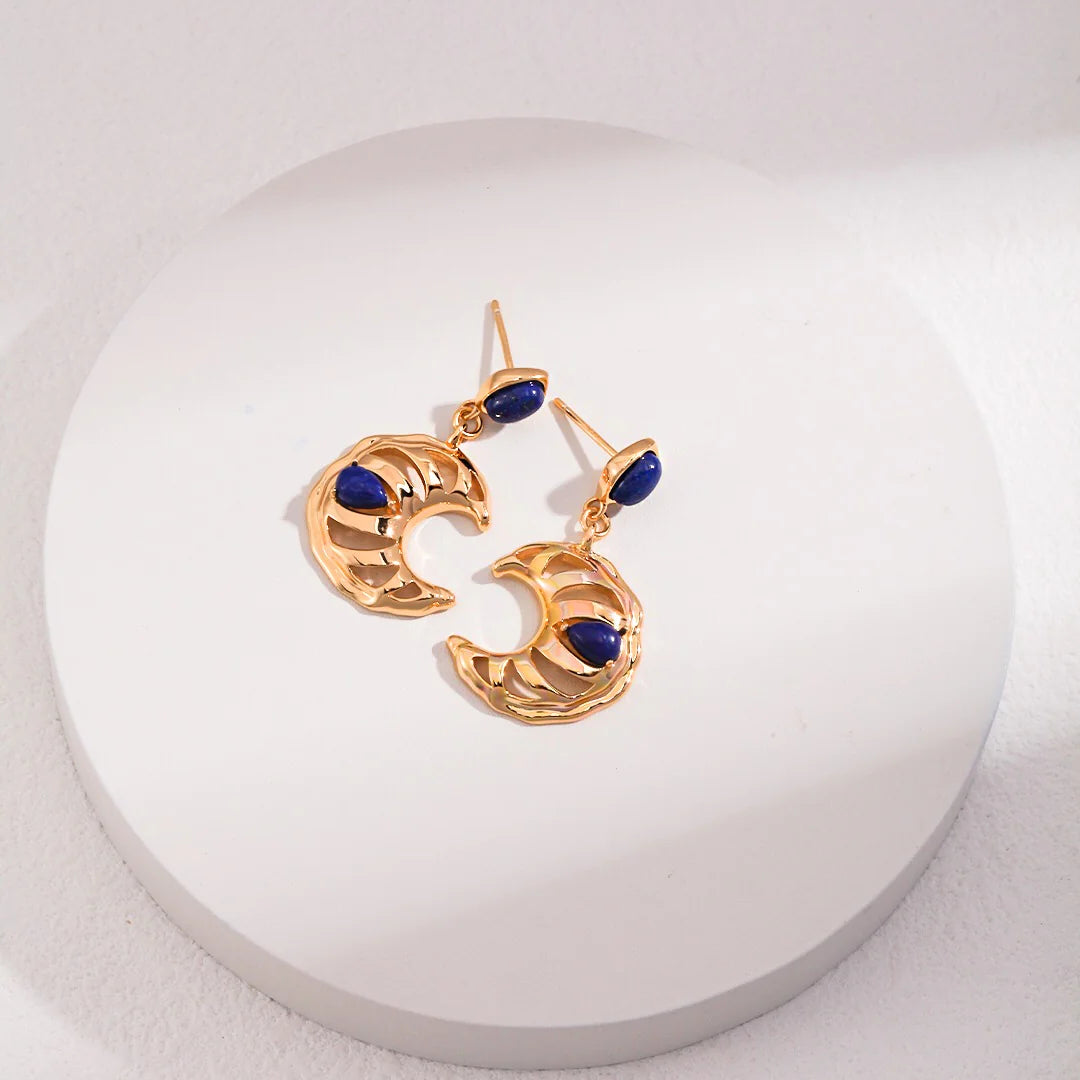 Lapis Lazuli Crescent Moon Hollow Earrings