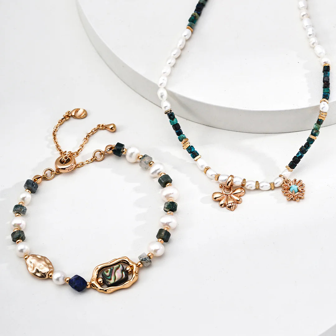 Natural Pearl Lapis Lazuli and Agate Bracelet
