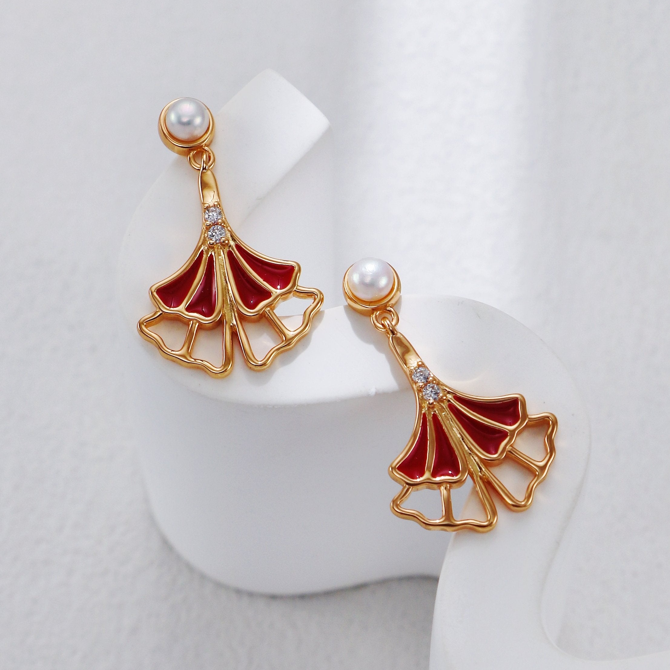Ginkgo Leaf Red Glaze Drop Earrings