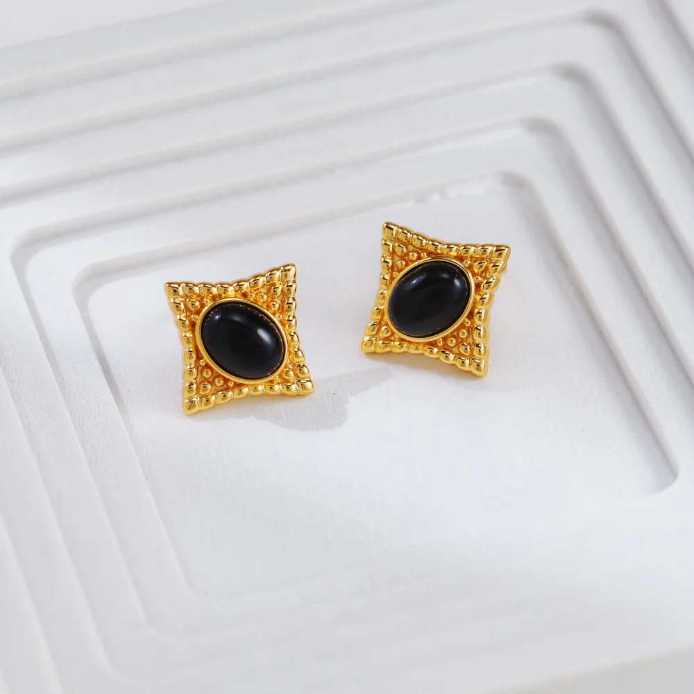 Vintage Gold Black Agate Stud Earrings