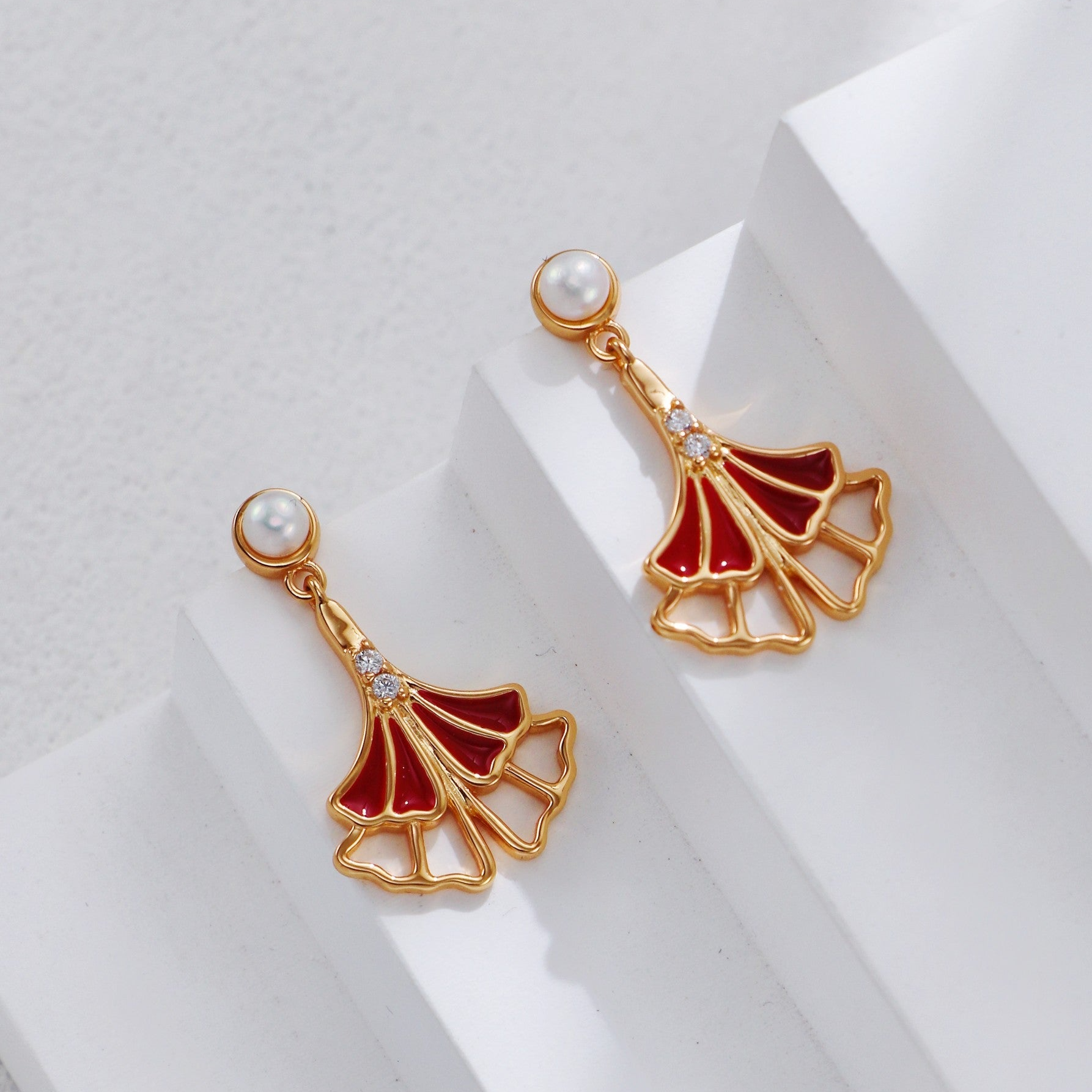 Ginkgo Leaf Red Glaze Drop Earrings