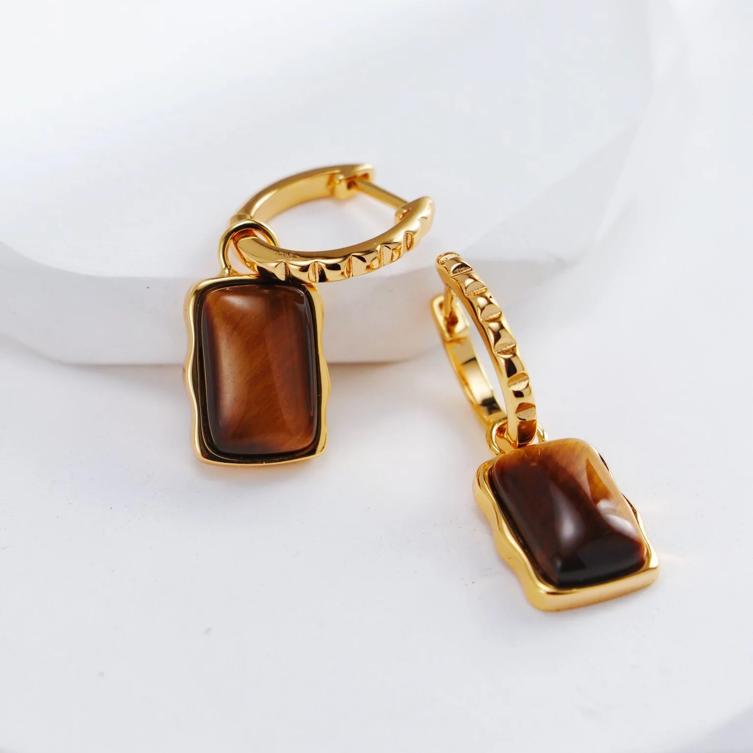 Rectangle Shape Tiger Eye Long Earrings