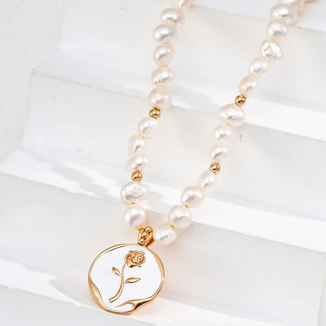 Natural Pearl Drip Glaze Rose Pendant Necklace