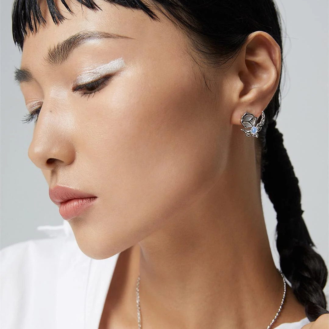 Crescent Moon Style Asymmetrical Opal Stud Earrings