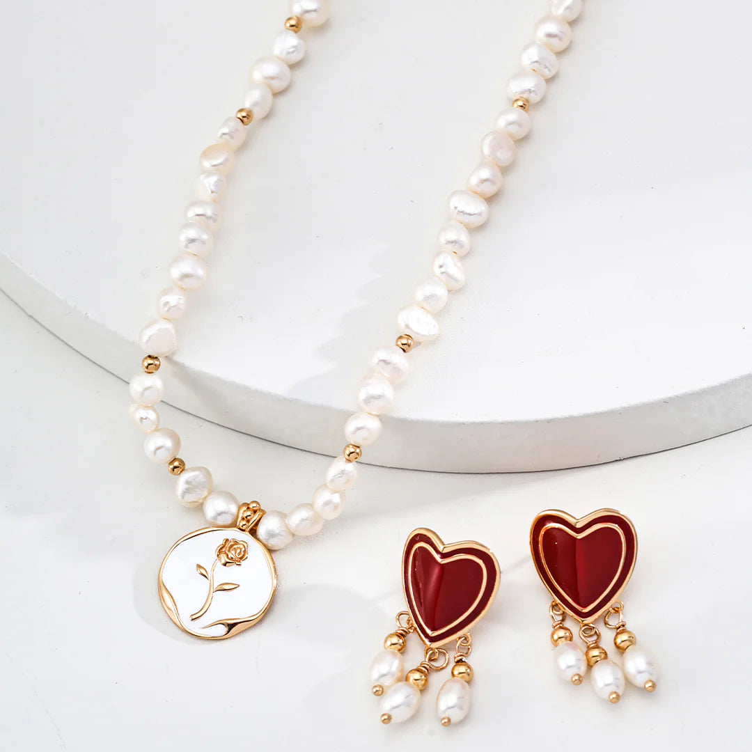 Natural Pearl Drip Glaze Rose Pendant Necklace