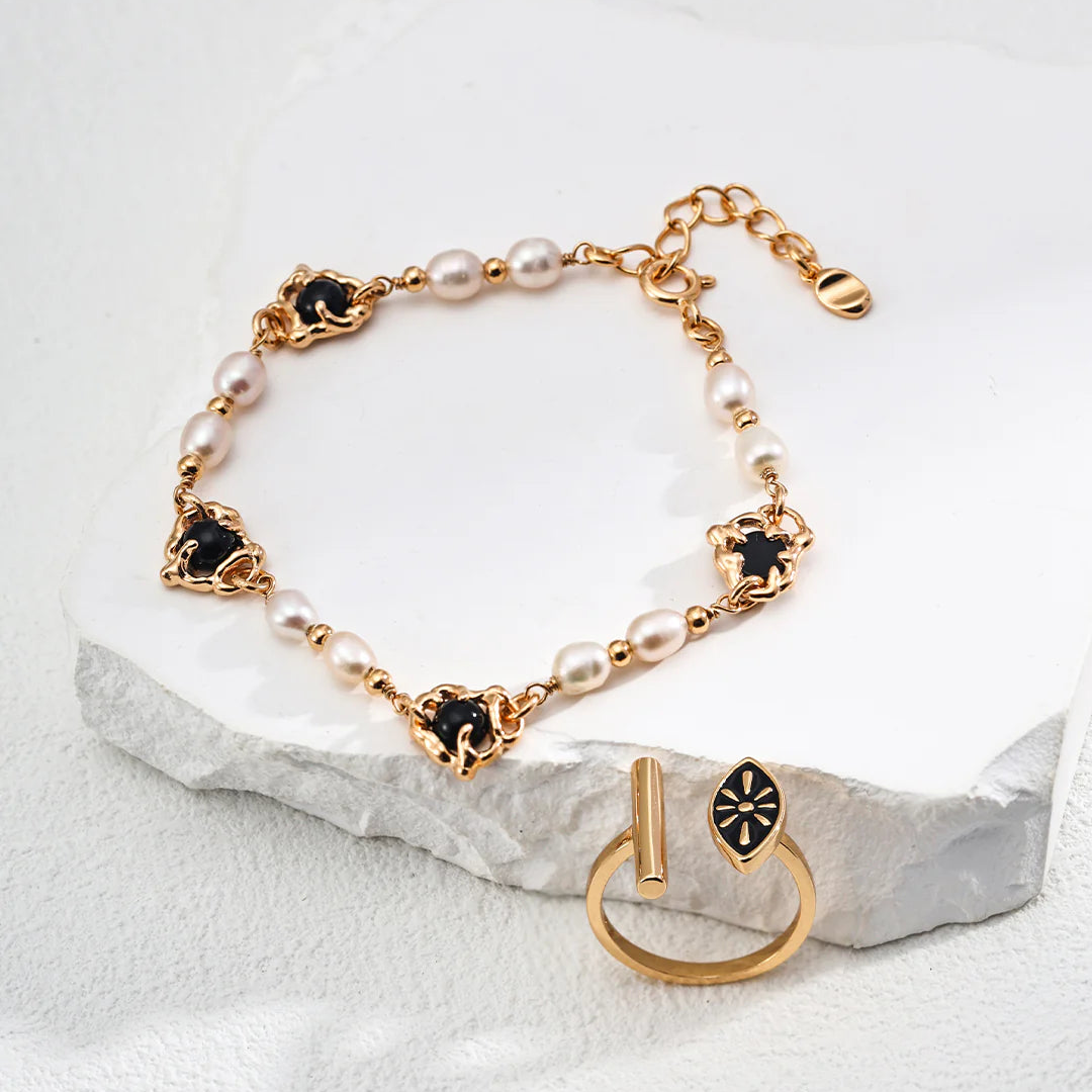 Vintage Natural Pearl Black Agate Bracelet