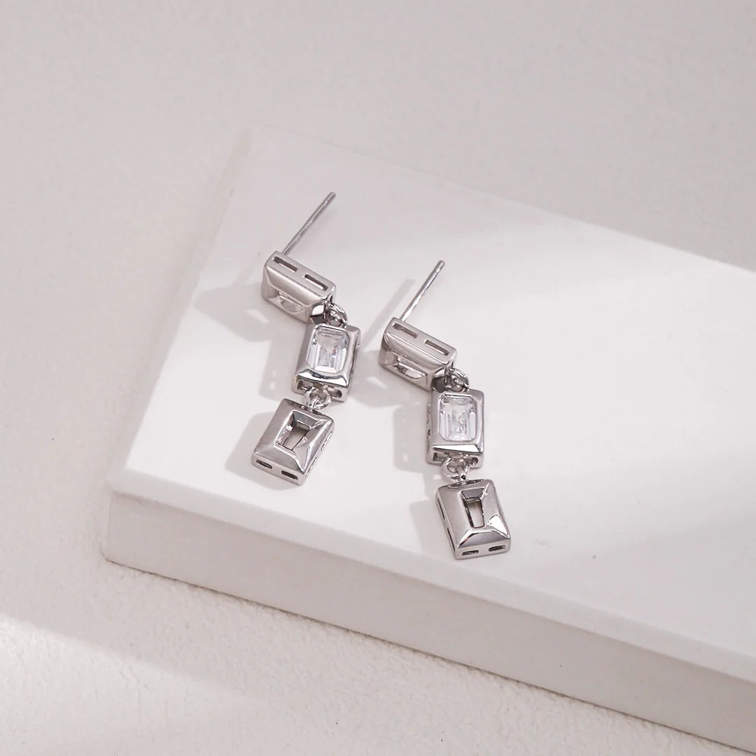 Cubic Zircon Rectangular Dangle Earrings