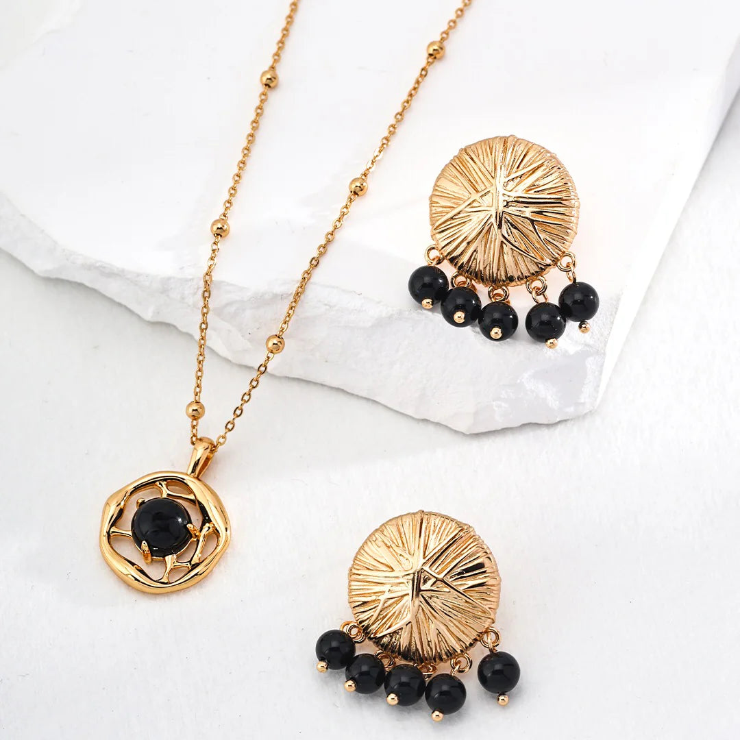 Round Black Onyx Drop Earrings