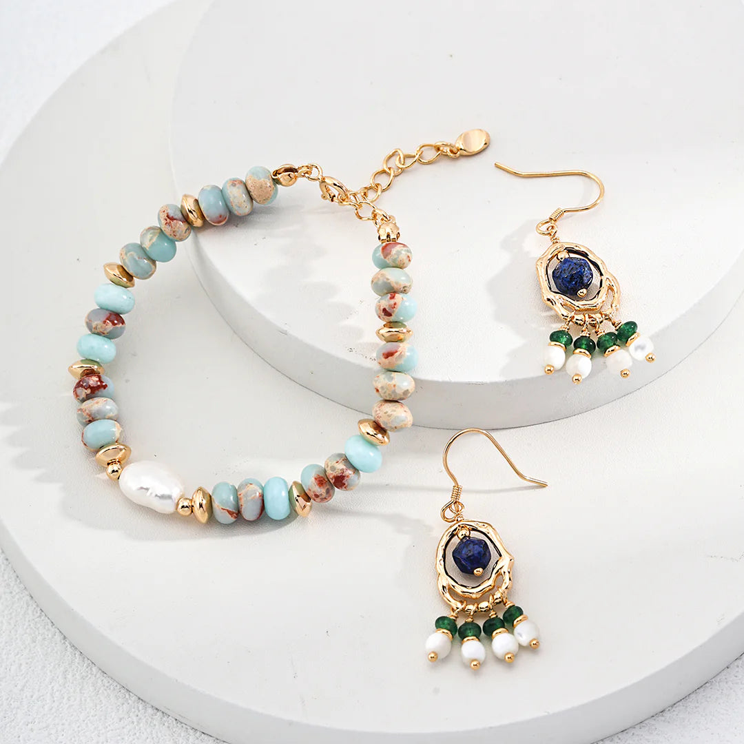 Synthetic Emerald Lapis Lazuli Shell Earrings