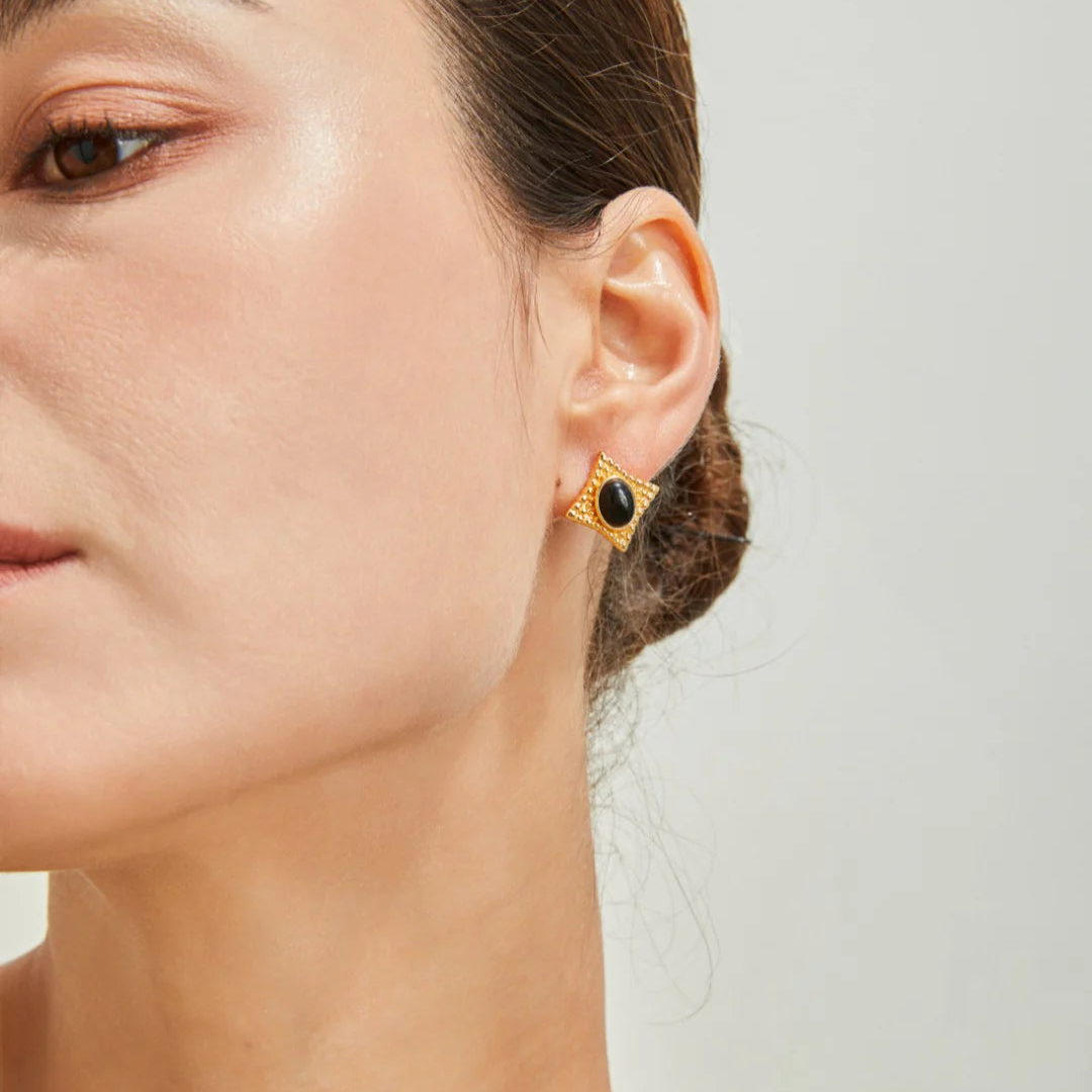 Vintage Gold Black Agate Stud Earrings