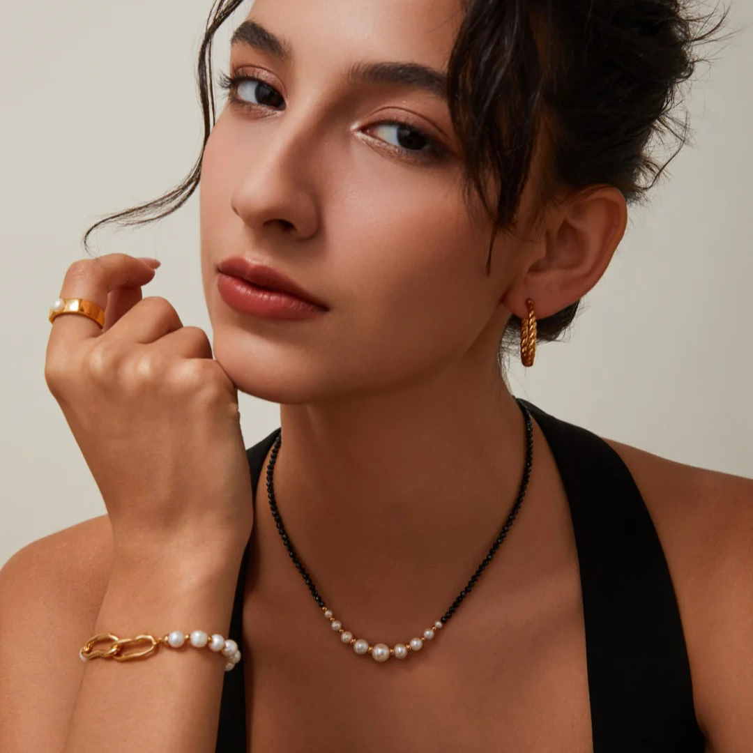 Gold Bead Black Spinel Pearl Necklace