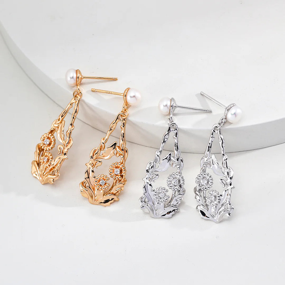 Flower-Shaped Natural Pearl and Zircon Earrings